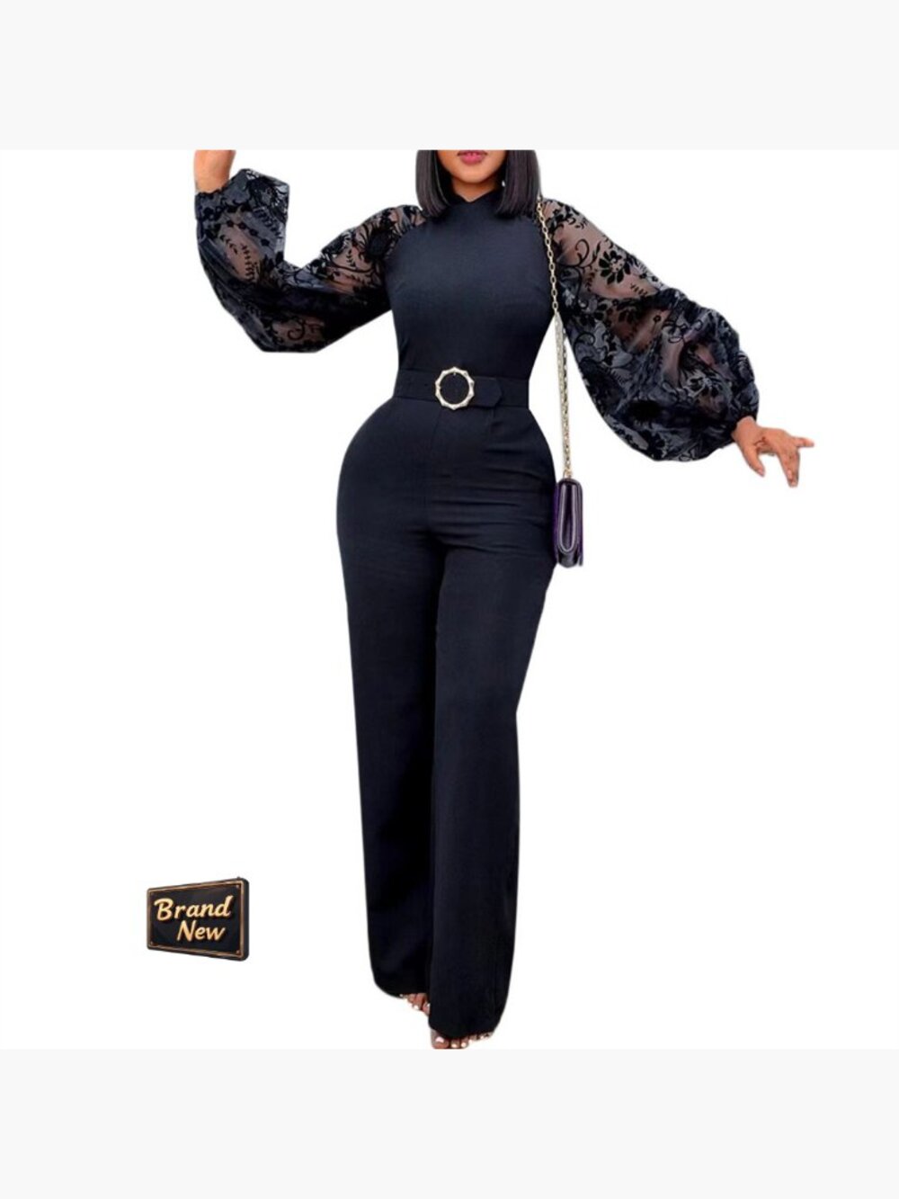 Lantern Sleeve Jumpsuit Formal Belted High Neck Polyester Wedding Guest - Picture 7 of 7
